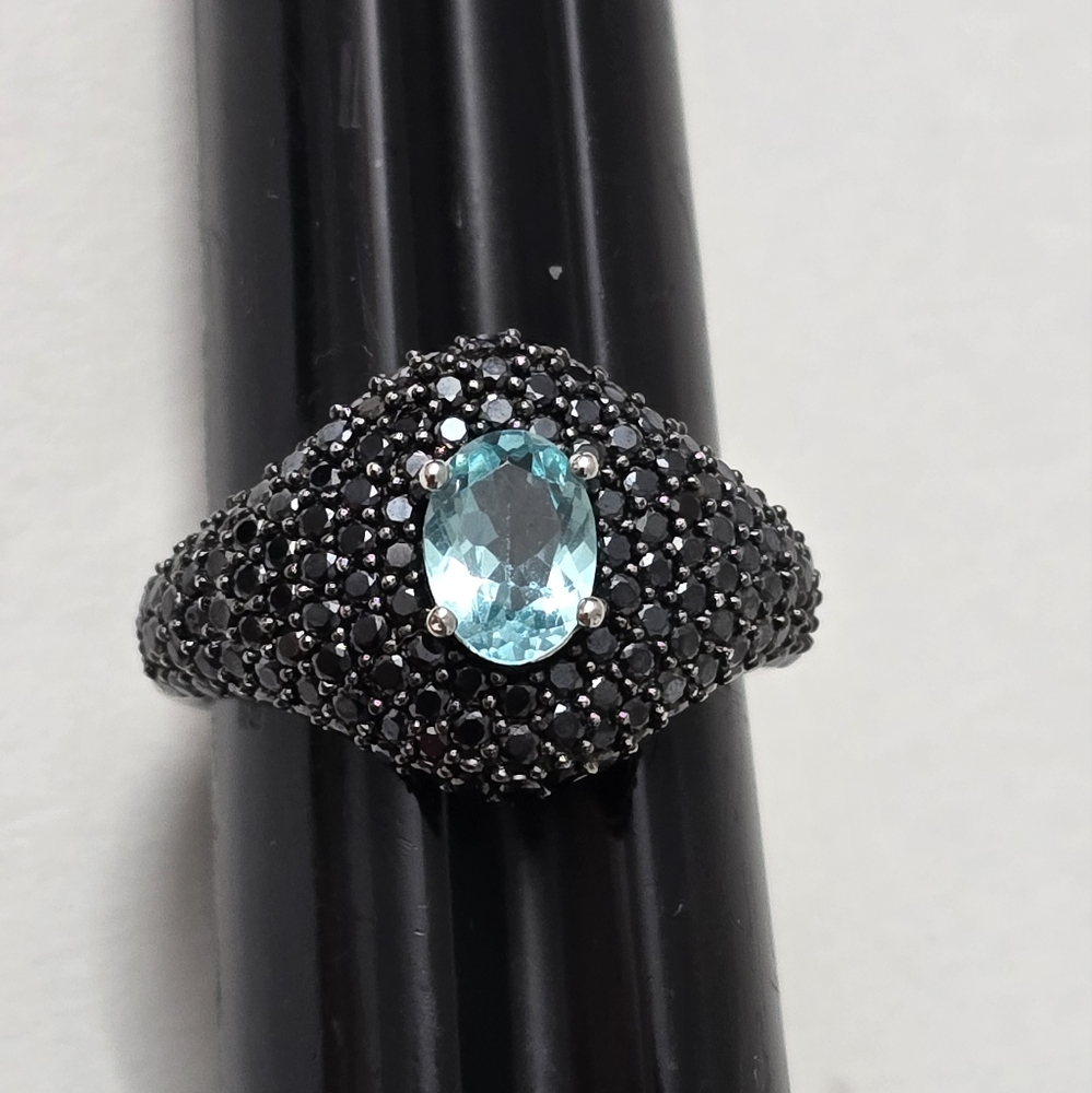 Sterling Silver 925 Intricate Black Spinel and Blue Topaz Vintage Ring
